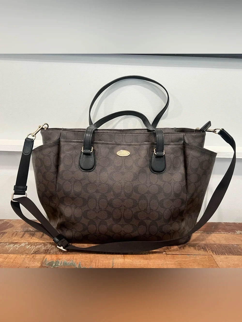 Signature Pattern Brown Diaper Tote Bag with Shoulder Strap